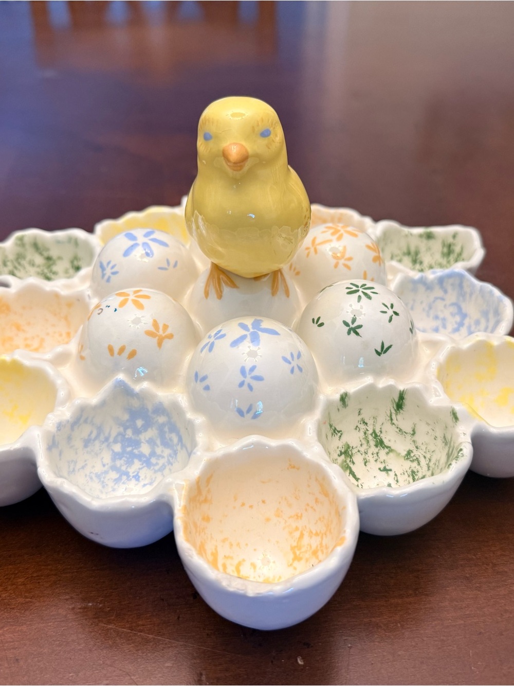 Ceramic Easter Chick Deviled Egg Platter Pastel Floral 12-Egg Serving Tray